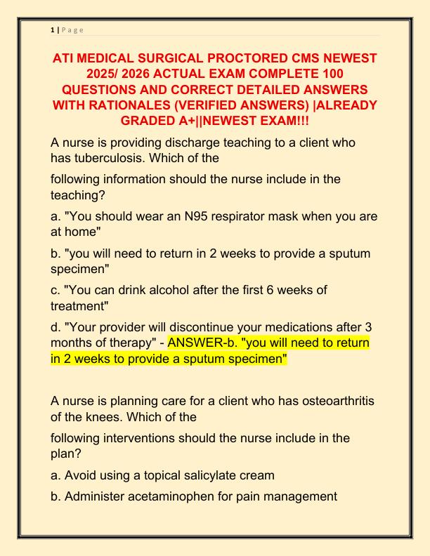 ATI MEDICAL SURGICAL PROCTORED CMS NEWEST 2025 ACTUAL EXAM COMPLETE 100 QUESTIONS AND CORRECT DETAILED ANSWERS
