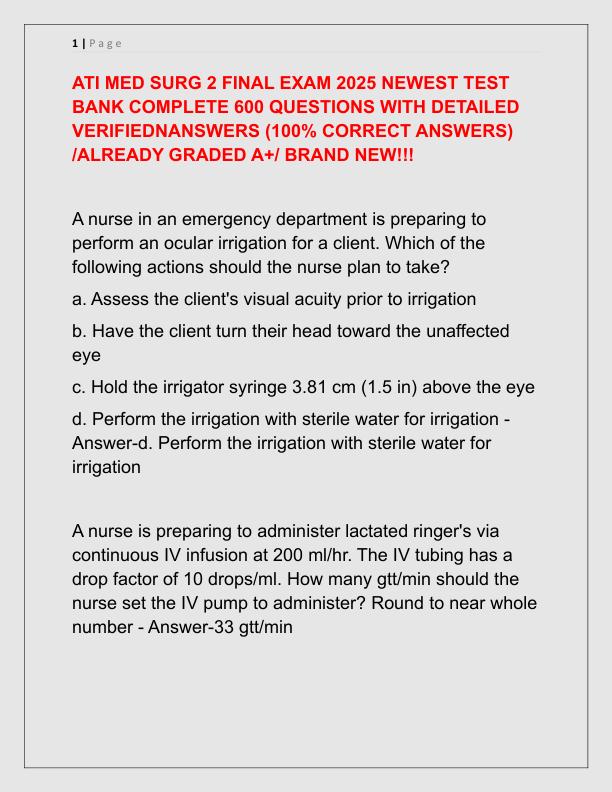 ATI MED SURG 2 FINAL EXAM 2025 NEWEST TEST BANK COMPLETE 600 QUESTIONS WITH DETAILED VERIFIEDNANSWERS