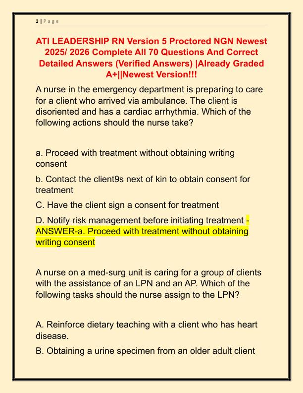 ATI LEADERSHIP RN Version 5 Proctored NGN Newest 2025 Complete All 70 Questions And Correct Detailed Answers