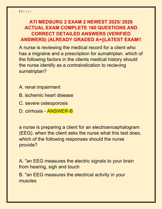 ATI MEDSURG 2 EXAM 2 NEWEST 2025 ACTUAL EXAM COMPLETE 160 QUESTIONS AND CORRECT DETAILED ANSWERS