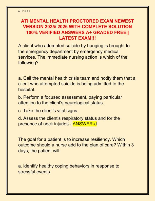 ATI MENTAL HEALTH PROCTORED EXAM NEWEST VERSION 2025 WITH COMPLETE SOLUTION 100