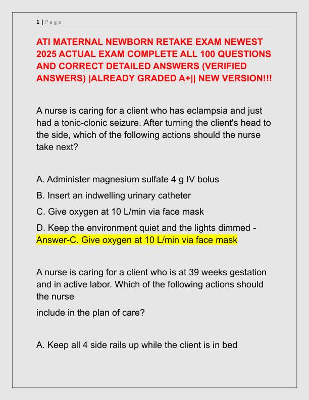 ATI MATERNAL NEWBORN RETAKE EXAM NEWEST 2025 ACTUAL EXAM COMPLETE ALL 100 QUESTIONS AND CORRECT DETAILED ANSWERS