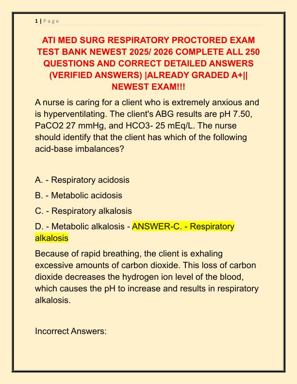 ATI MED SURG RESPIRATORY PROCTORED EXAM TEST BANK NEWEST 2025 COMPLETE ALL 250 QUESTIONS AND CORRECT DETAILED ANSWERS