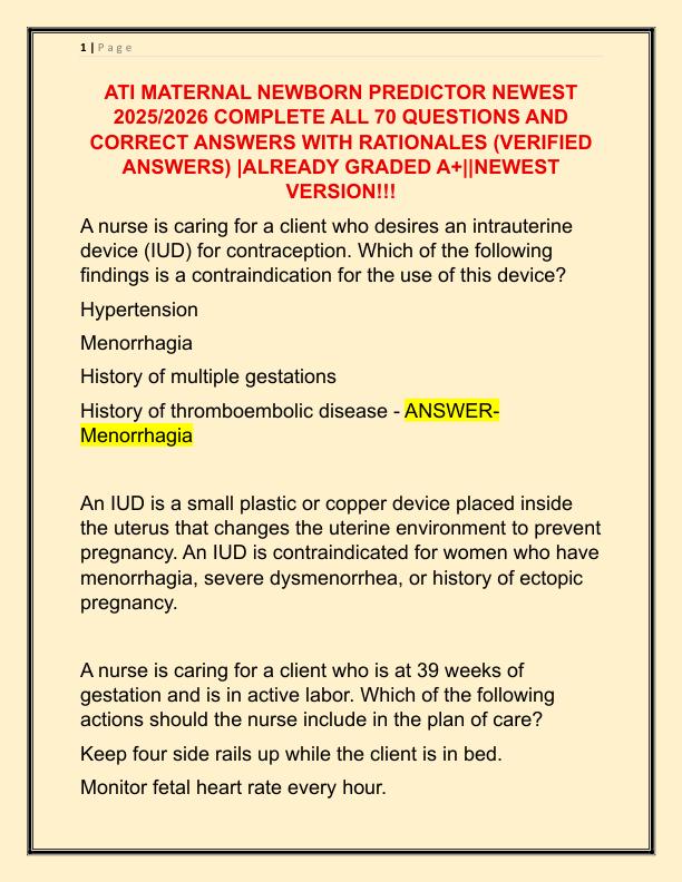 ATI MATERNAL NEWBORN PREDICTOR NEWEST 2025