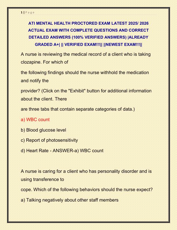ATI MENTAL HEALTH PROCTORED EXAM LATEST 2025 ACTUAL EXAM WITH COMPLETE QUESTIONS AND CORRECT DETAILED ANSWERS