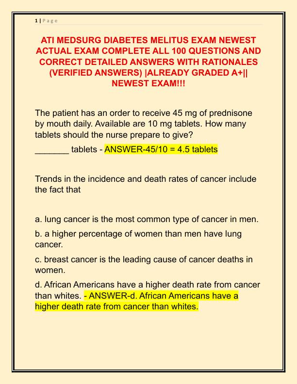 ATI MEDSURG DIABETES MELITUS EXAM NEWEST ACTUAL EXAM COMPLETE ALL 100 QUESTIONS AND CORRECT DETAILED ANSWERS