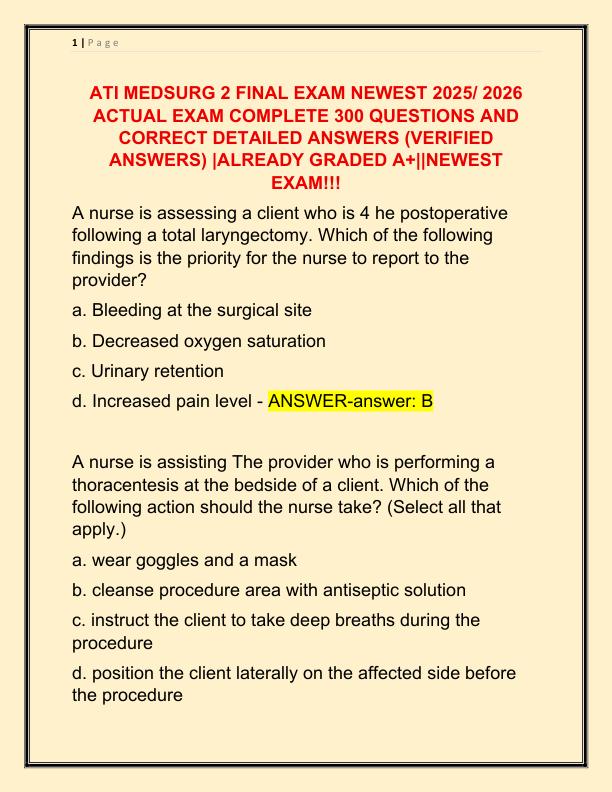 ATI MEDSURG 2 FINAL EXAM NEWEST 2025 ACTUAL EXAM COMPLETE 300 QUESTIONS AND CORRECT DETAILED ANSWERS