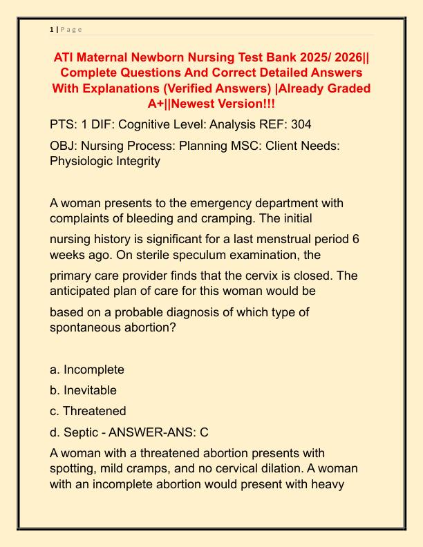 ATI Maternal Newborn Nursing Test Bank 2025