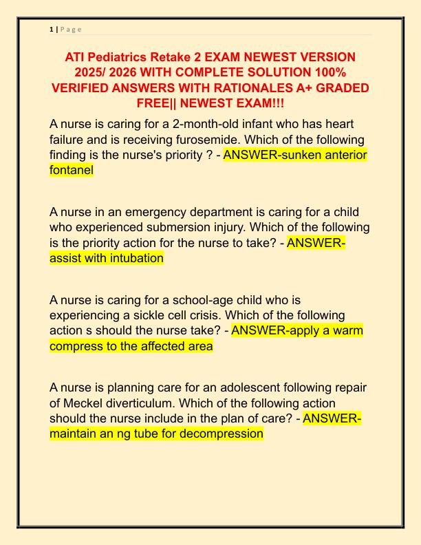 ATI Pediatrics Retake 2 Exam