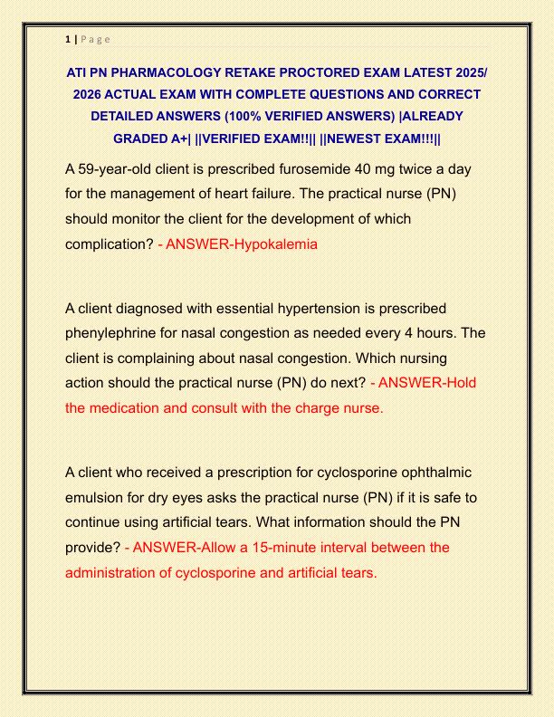 ATI PN PHARMACOLOGY RETAKE PROCTORED EXAM NEWEST 2025 ACTUAL EXAM COMPLETE 150 QUESTIONS AND CORRECT DETAILED ANSWERS