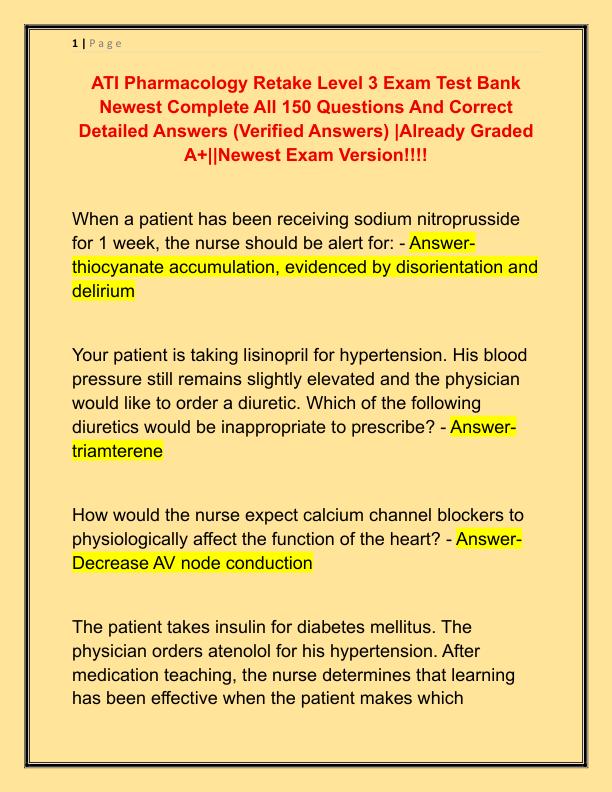 ATI Pharmacology Retake Level 3 Exam Test Bank Newest Complete All 150 Questions And Correct Detailed Answers