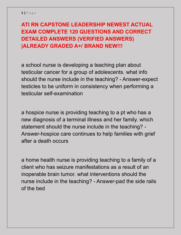 ATI RN CAPSTONE LEADERSHIP NEWEST ACTUAL EXAM COMPLETE 120 QUESTIONS AND CORRECT DETAILED ANSWERS