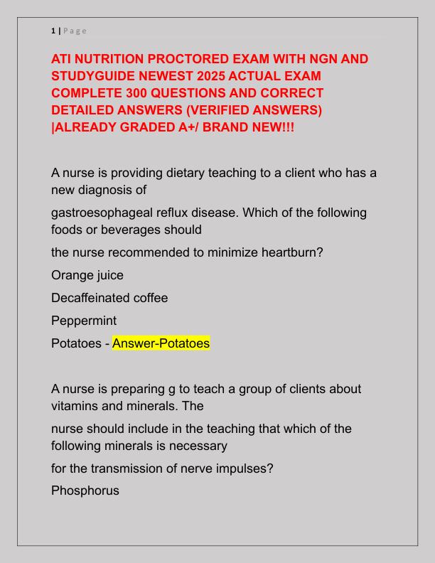 ATI NUTRITION PROCTORED EXAM WITH NGN AND STUDYGUIDE NEWEST 2025 ACTUAL EXAM COMPLETE 300 QUESTIONS AND CORRECT DETAILED ANSWERS
