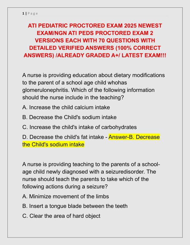 ATI PEDIATRIC PROCTORED EXAM 2025 NEWEST EXAM