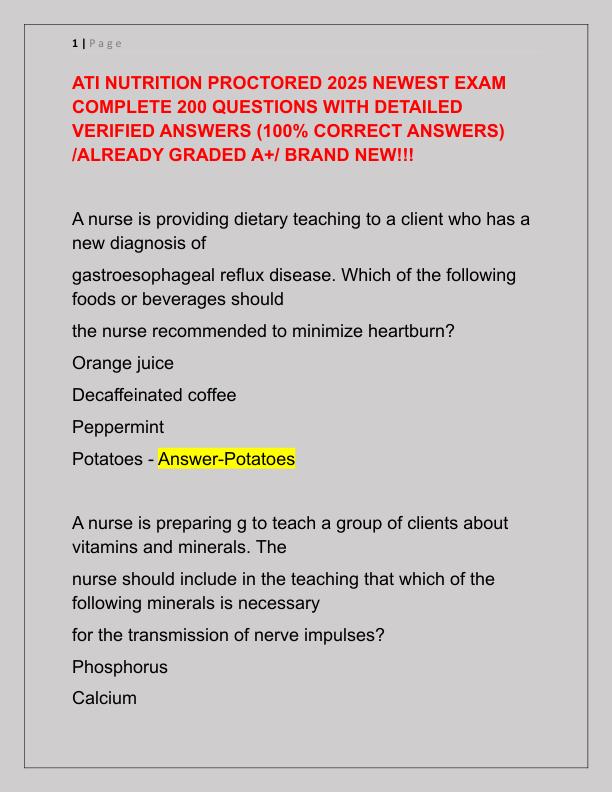 ATI NUTRITION PROCTORED 2025 NEWEST EXAM COMPLETE 200 QUESTIONS WITH DETAILED VERIFIED ANSWERS