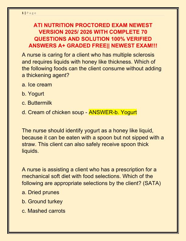 ATI NUTRITION PROCTORED EXAM NEWEST VERSION 2025 WITH COMPLETE 70 QUESTIONS AND SOLUTION 100