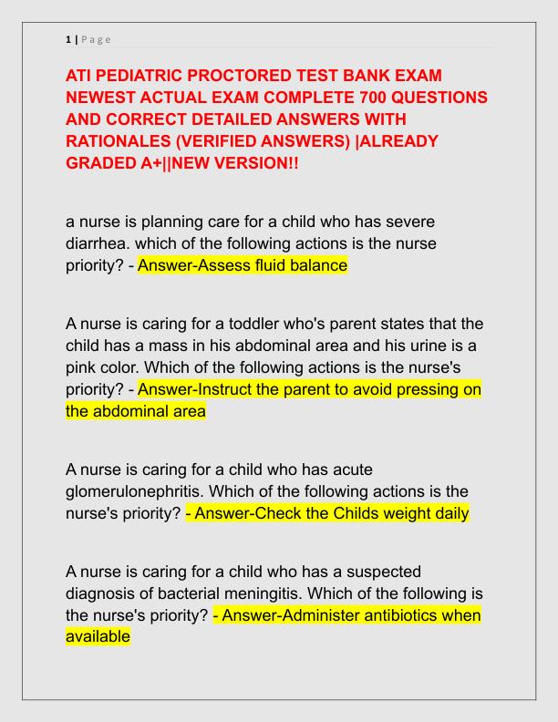 ATI PEDIATRIC PROCTORED TEST BANK EXAM NEWEST ACTUAL EXAM COMPLETE 700 QUESTIONS AND CORRECT DETAILED ANSWERS WITH RATIONALES