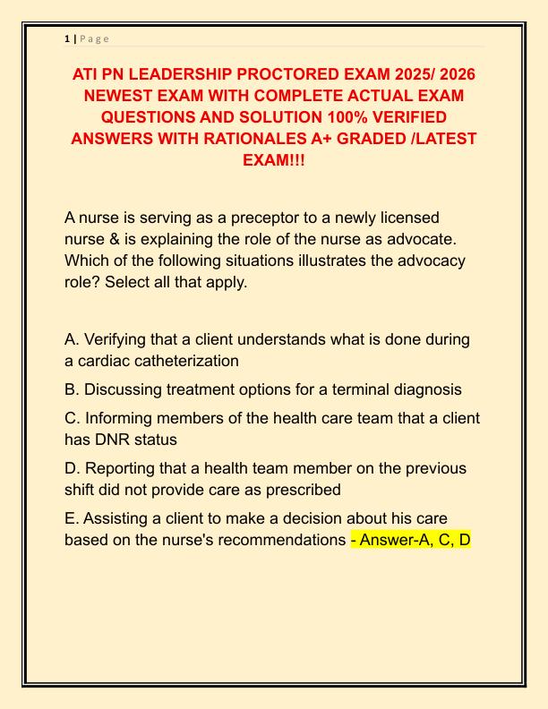 ATI PN LEADERSHIP PROCTORED EXAM 2025