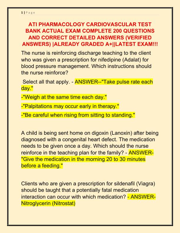 ATI PHARMACOLOGY CARDIOVASCULAR TEST BANK ACTUAL EXAM COMPLETE 200 QUESTIONS AND CORRECT DETAILED ANSWERS
