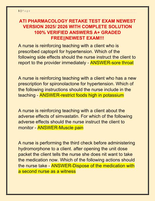 ATI PHARMACOLOGY RETAKE TEST EXAM NEWEST VERSION 2025 WITH COMPLETE SOLUTION 100