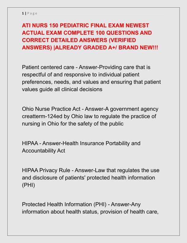 ATI NURS 150 PEDIATRIC FINAL EXAM NEWEST ACTUAL EXAM COMPLETE 100 QUESTIONS AND CORRECT DETAILED ANSWERS