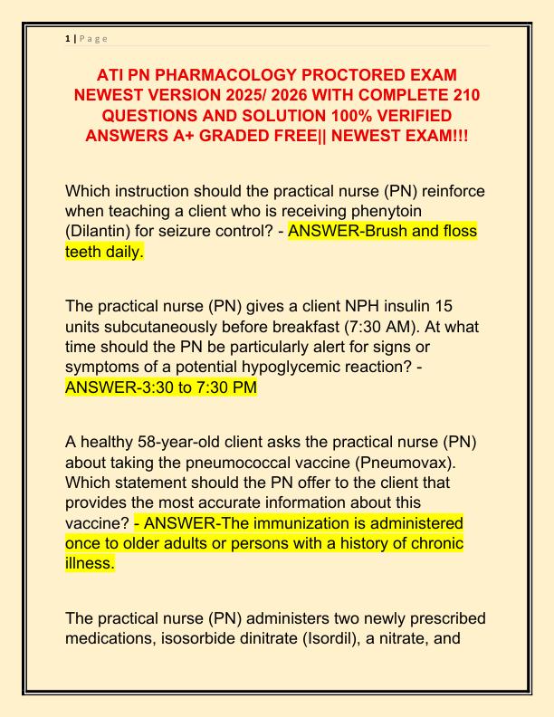 ATI PN PHARMACOLOGY PROCTORED EXAM NEWEST VERSION 2025 WITH COMPLETE 210 QUESTIONS AND SOLUTION 100