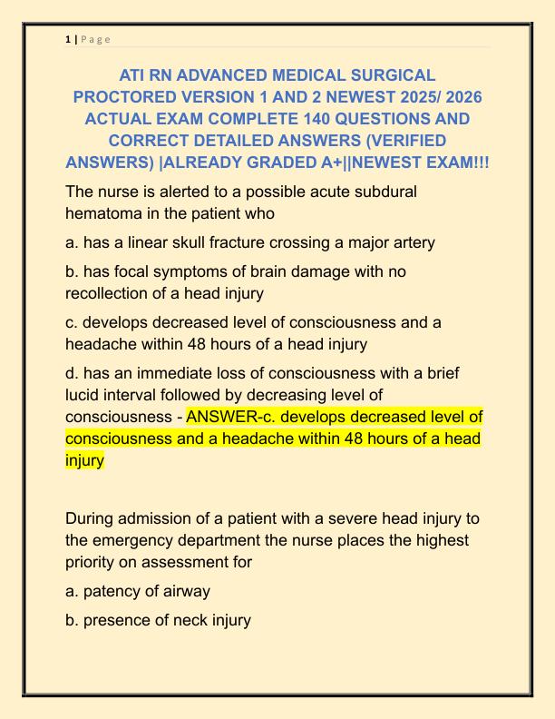 ATI RN ADVANCED MEDICAL SURGICAL PROCTORED VERSION 1 AND 2 NEWEST 2025 ACTUAL EXAM COMPLETE 140 QUESTIONS AND CORRECT DETAILED ANSWERS