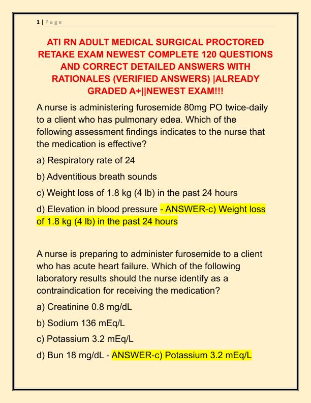 ATI RN ADULT MEDICAL SURGICAL PROCTORED RETAKE EXAM NEWEST COMPLETE 120 QUESTIONS AND CORRECT DETAILED ANSWERS WITH RATIONALES