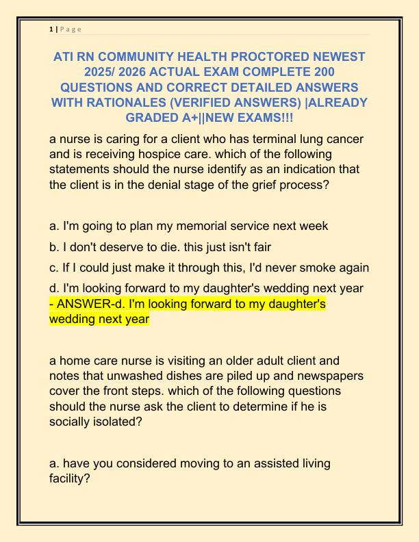 ATI RN COMMUNITY HEALTH PROCTORED NEWEST 2025 ACTUAL EXAM COMPLETE 200 QUESTIONS AND CORRECT DETAILED ANSWERS