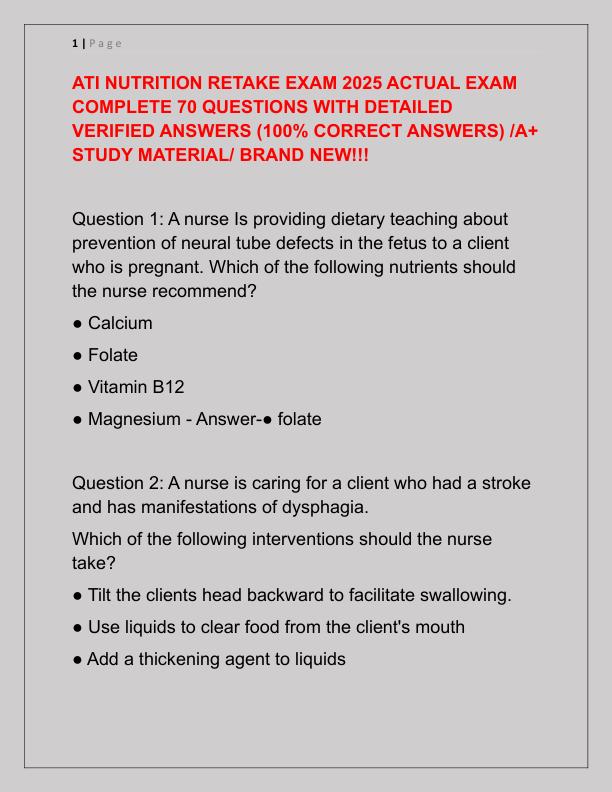 ATI NUTRITION RETAKE EXAM 2025 ACTUAL EXAM COMPLETE 70 QUESTIONS WITH DETAILED VERIFIED ANSWERS