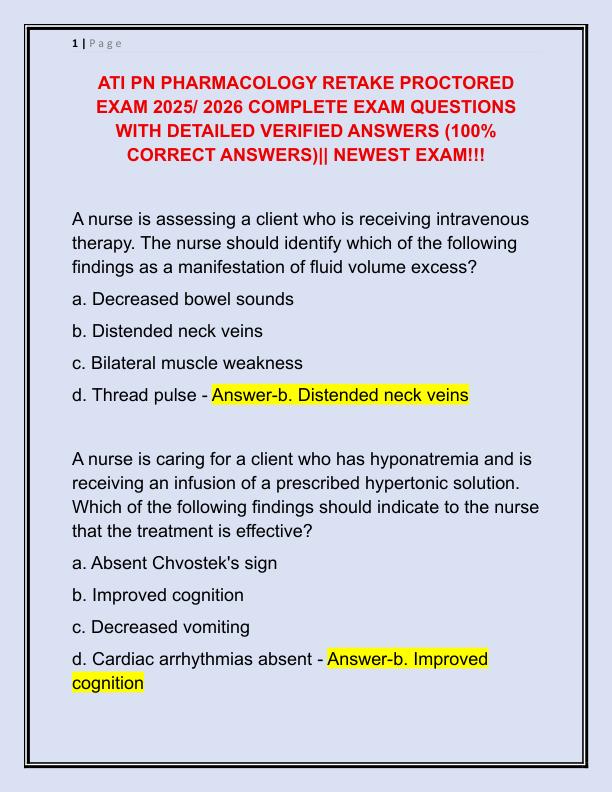ATI PN PHARMACOLOGY RETAKE PROCTORED EXAM 2025