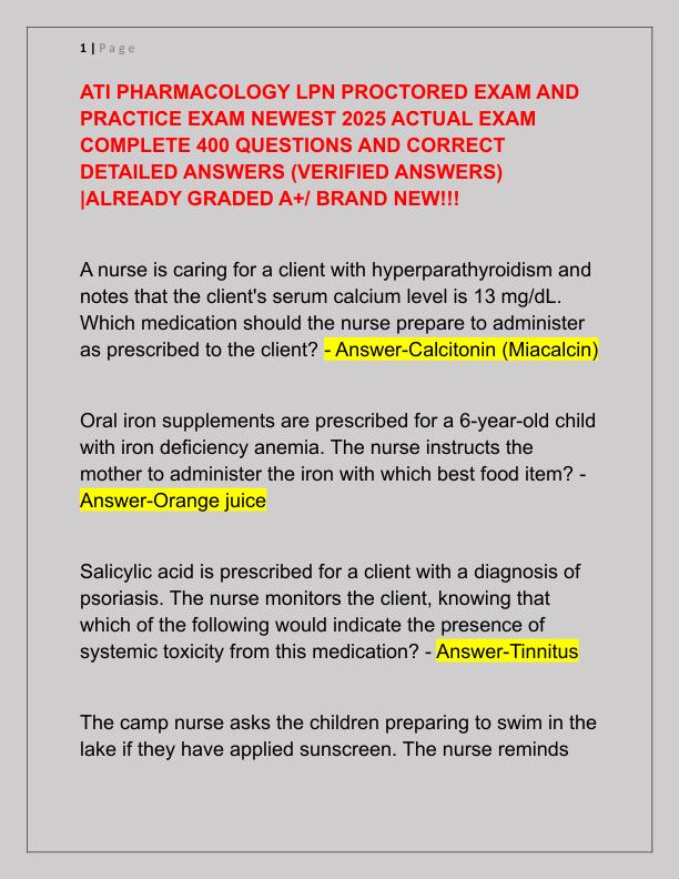 ATI PHARMACOLOGY LPN PROCTORED EXAM AND PRACTICE EXAM NEWEST 2025 ACTUAL EXAM COMPLETE 400 QUESTIONS AND CORRECT DETAILED ANSWERS