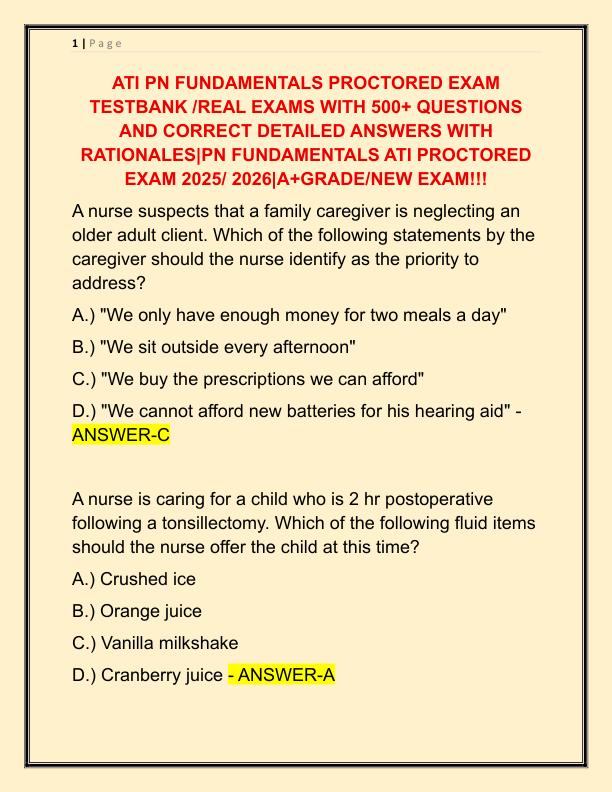 ATI PN FUNDAMENTALS PROCTORED EXAM TESTBANK