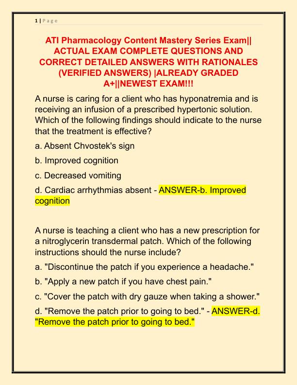 ATI Pharmacology Content Mastery Series Exam