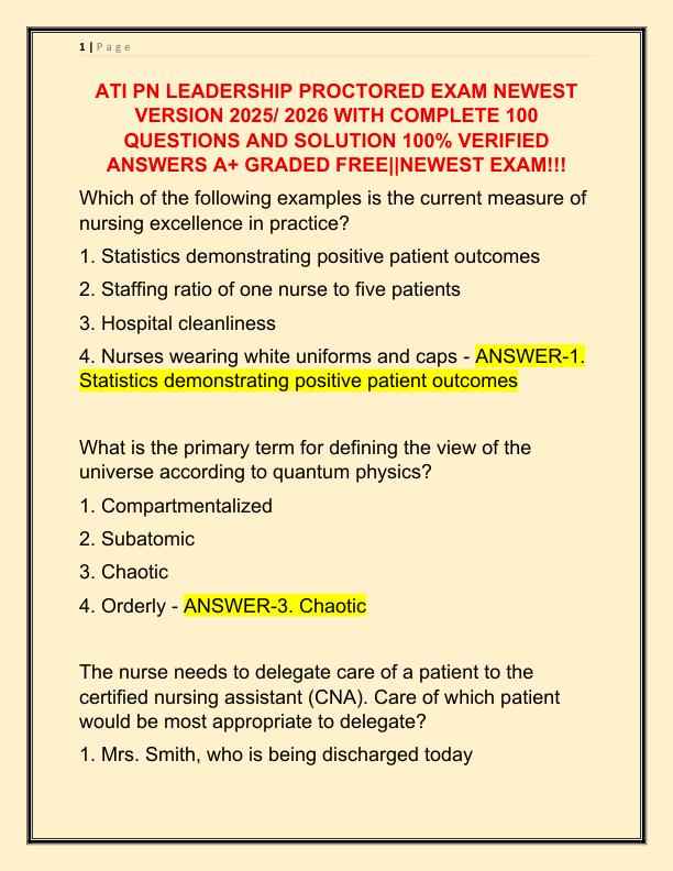 ATI PN LEADERSHIP PROCTORED EXAM NEWEST VERSION 2025 WITH COMPLETE 100 QUESTIONS AND SOLUTION 100