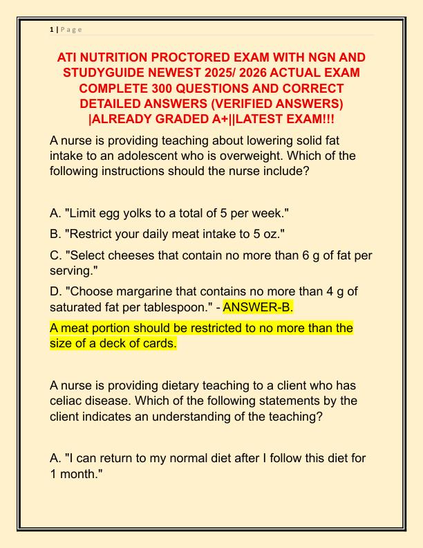 ATI NUTRITION PROCTORED EXAM WITH NGN AND STUDYGUIDE NEWEST 2024 ACTUAL EXAM COMPLETE 300 QUESTIONS AND CORRECT DETAILED ANSWERS