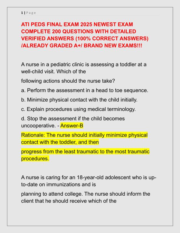 ATI PEDS FINAL EXAM 2025 NEWEST EXAM COMPLETE 200 QUESTIONS WITH DETAILED VERIFIED ANSWERS