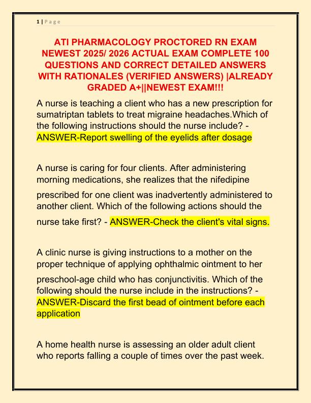 ATI PHARMACOLOGY PROCTORED RN EXAM NEWEST 2025 ACTUAL EXAM COMPLETE 100 QUESTIONS AND CORRECT DETAILED ANSWERS