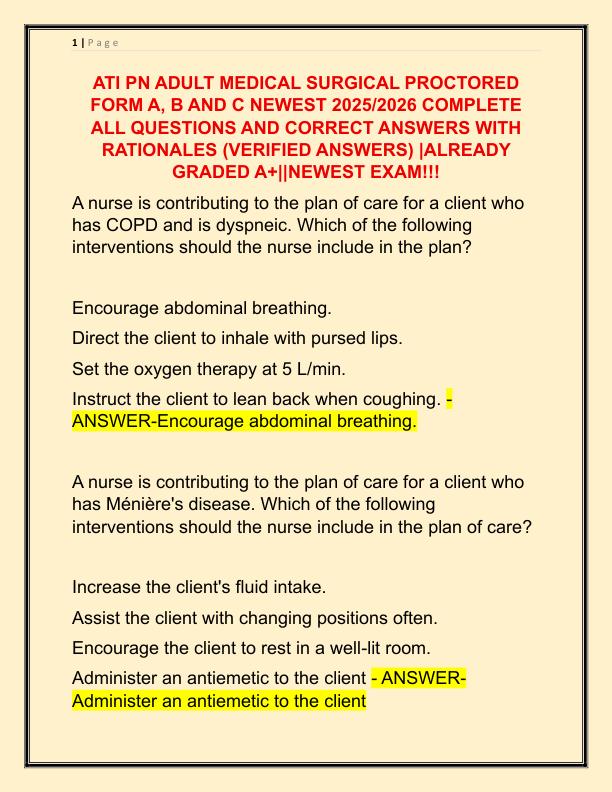 ATI PN ADULT MEDICAL SURGICAL PROCTORED FORM A
