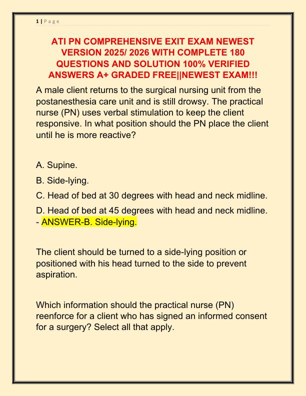 ATI PN COMPREHENSIVE EXIT EXAM NEWEST VERSION 2025 WITH COMPLETE 180 QUESTIONS AND SOLUTION 100