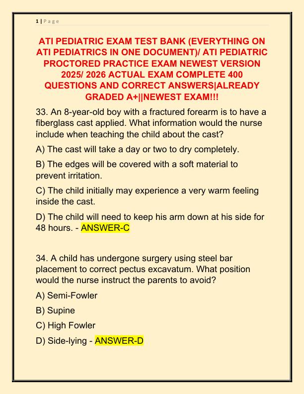 ATI PEDIATRIC EXAM TEST BANK