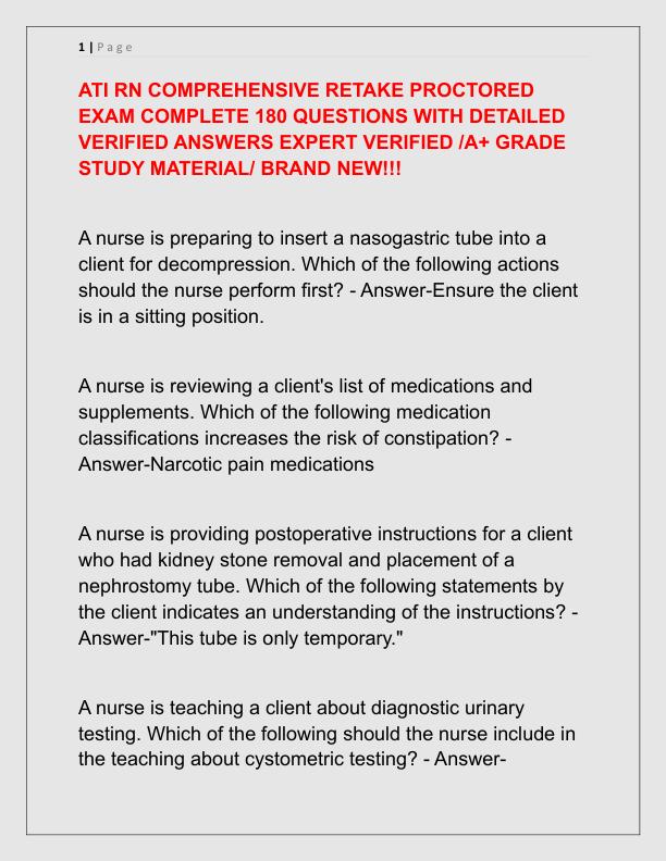 ATI RN COMPREHENSIVE RETAKE PROCTORED EXAM COMPLETE 180 QUESTIONS WITH DETAILED VERIFIED ANSWERS EXPERT VERIFIED