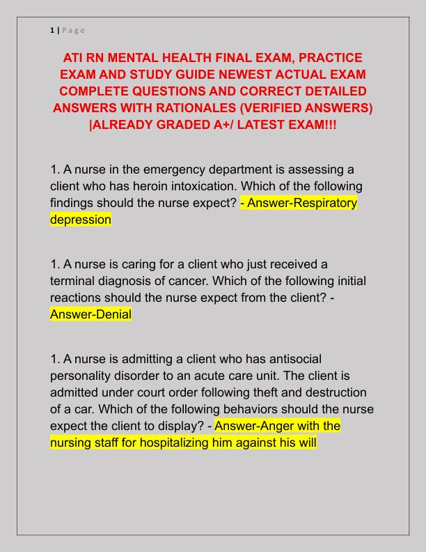 ATI RN MENTAL HEALTH FINAL EXAM