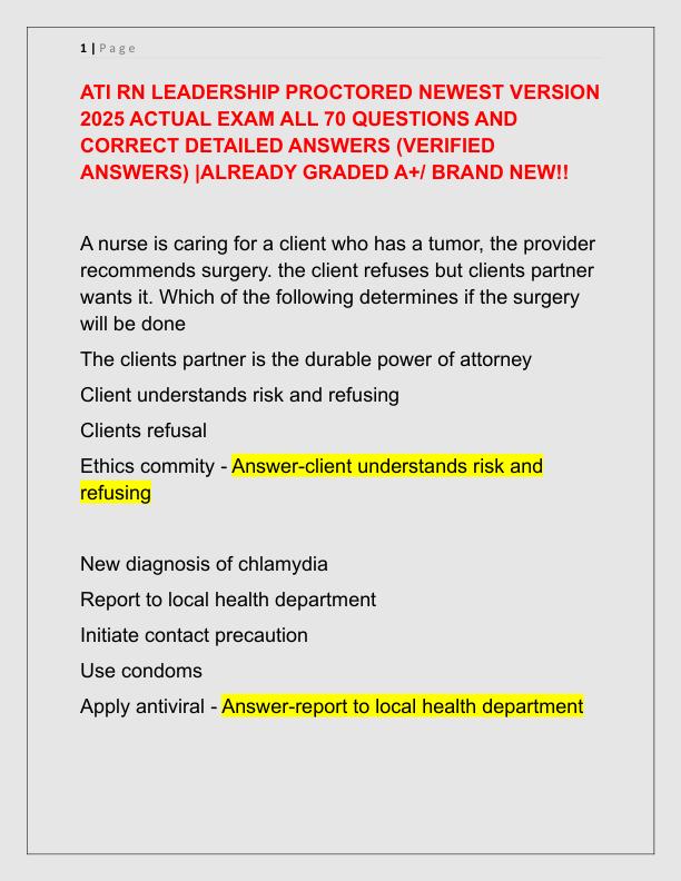 ATI RN LEADERSHIP PROCTORED NEWEST VERSION 2025 ACTUAL EXAM ALL 70 QUESTIONS AND CORRECT DETAILED ANSWERS