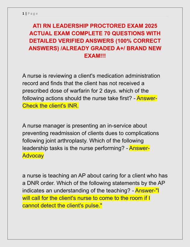 ATI RN LEADERSHIP PROCTORED EXAM 2025 ACTUAL EXAM COMPLETE 70 QUESTIONS WITH DETAILED VERIFIED ANSWERS