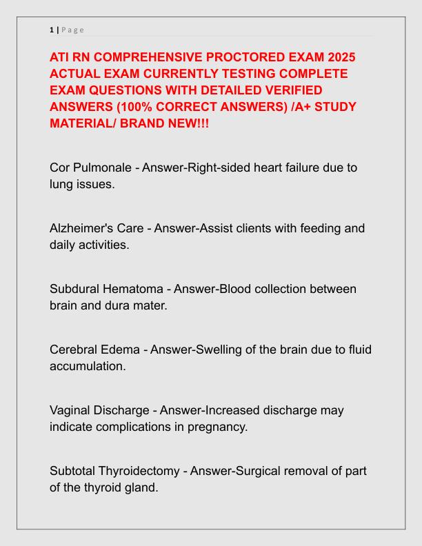 ATI RN COMPREHENSIVE PROCTORED EXAM 2025 ACTUAL EXAM CURRENTLY TESTING COMPLETE EXAM QUESTIONS WITH DETAILED VERIFIED ANSWERS