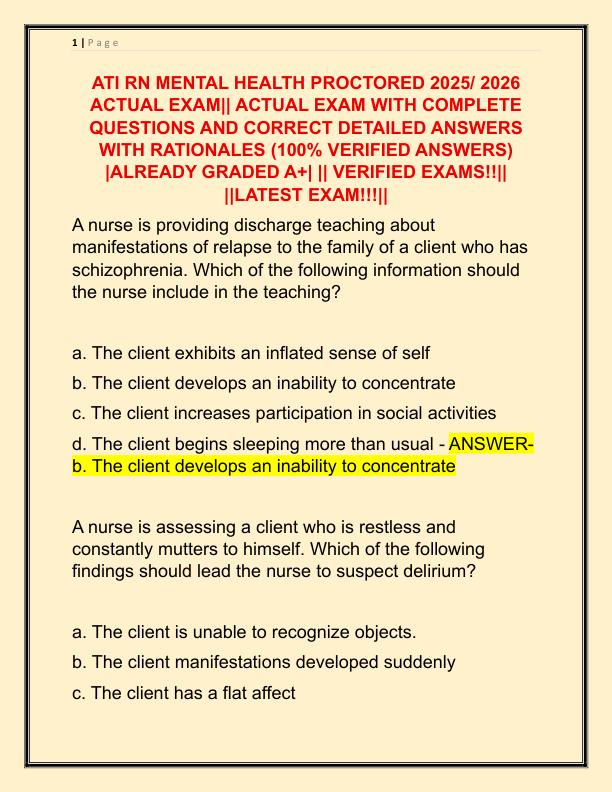ATI RN MENTAL HEALTH PROCTORED 2019 ACTUAL EXAM