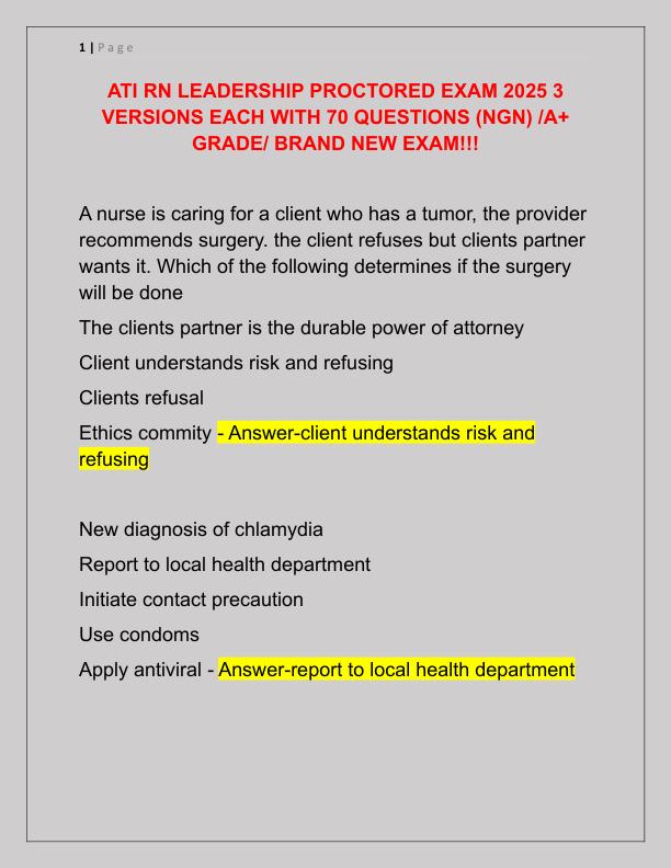 ATI RN LEADERSHIP PROCTORED EXAM 2025 3 VERSIONS EACH WITH 70 QUESTIONS