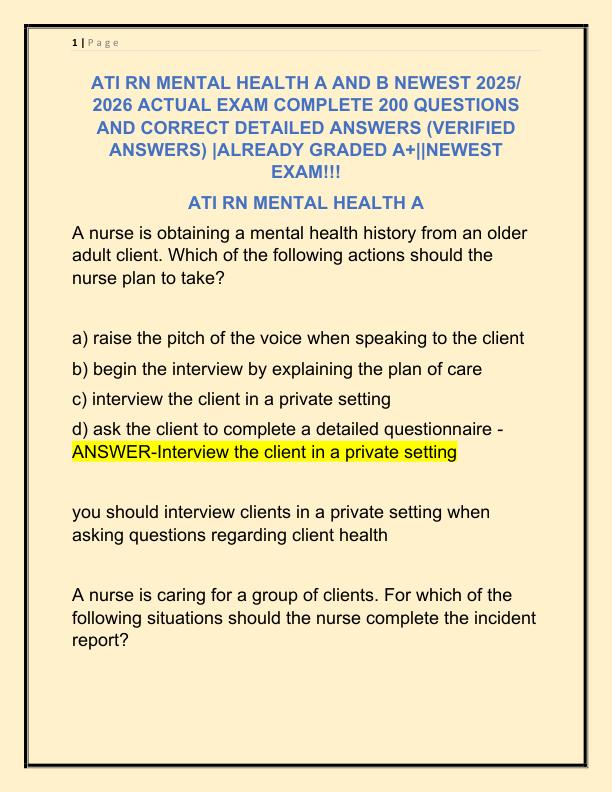 ATI RN MENTAL HEALTH A AND B NEWEST 2025 ACTUAL EXAM COMPLETE 200 QUESTIONS AND CORRECT DETAILED ANSWERS