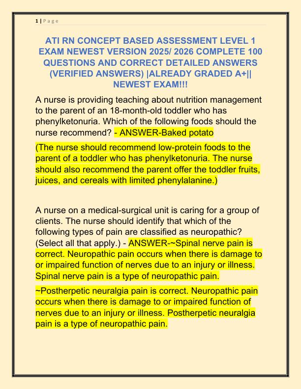 ATI RN CONCEPT BASED ASSESSMENT LEVEL 1 EXAM NEWEST VERSION 2025 COMPLETE 100 QUESTIONS AND CORRECT DETAILED ANSWERS